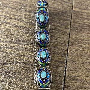 Vintage jade and enamel filigree bracelet sterling silver